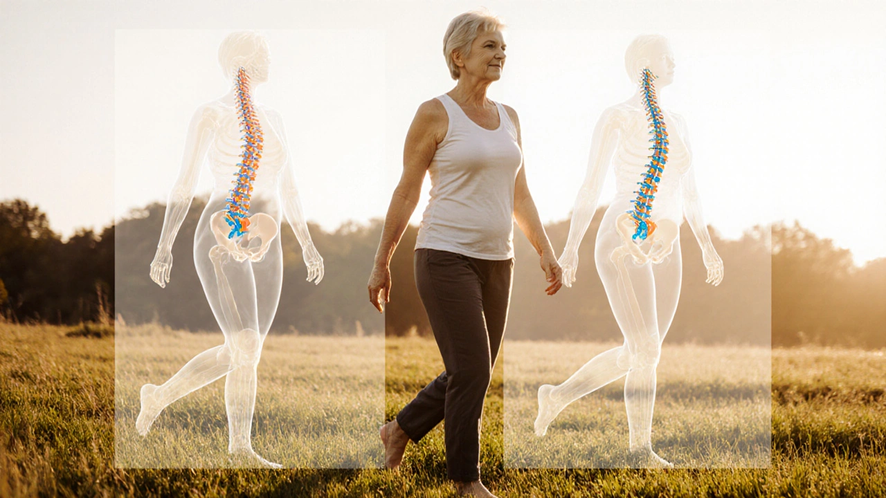 A woman standing tall and free after Rolfing, with faint ghost images of her former posture behind her.