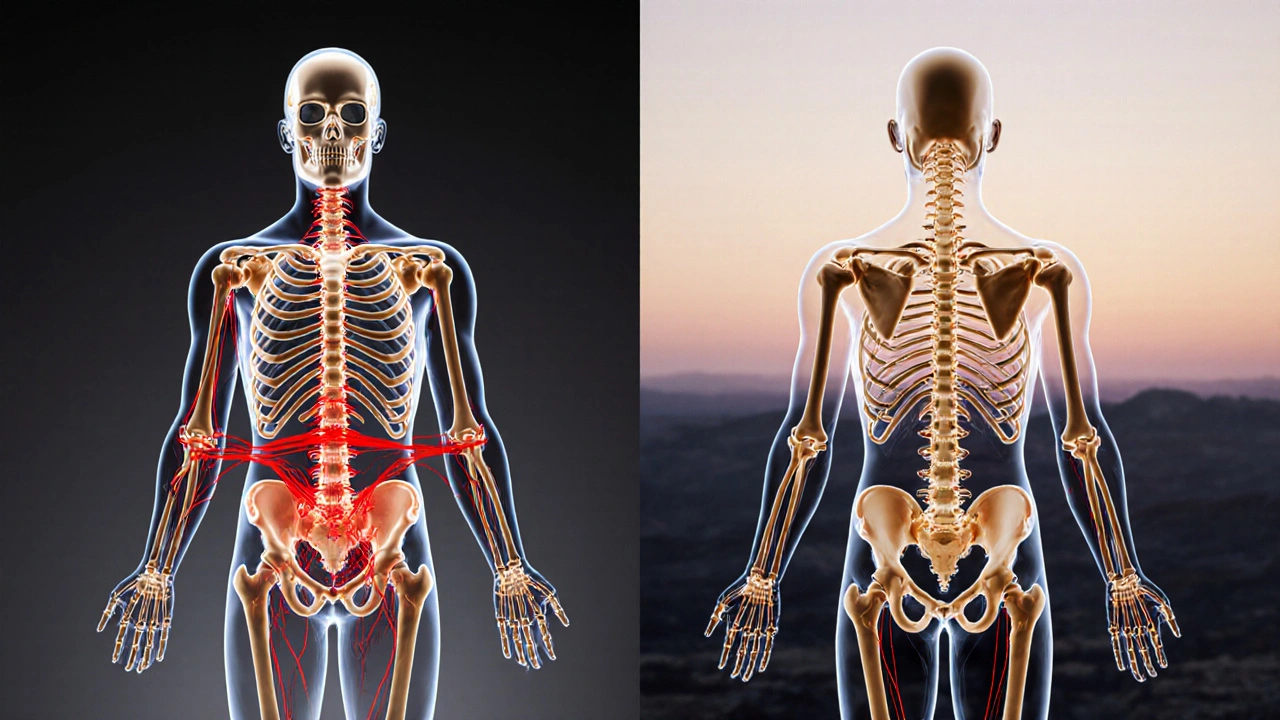 An artistic diagram showing misaligned fascia versus balanced body structure, like a tuned instrument.