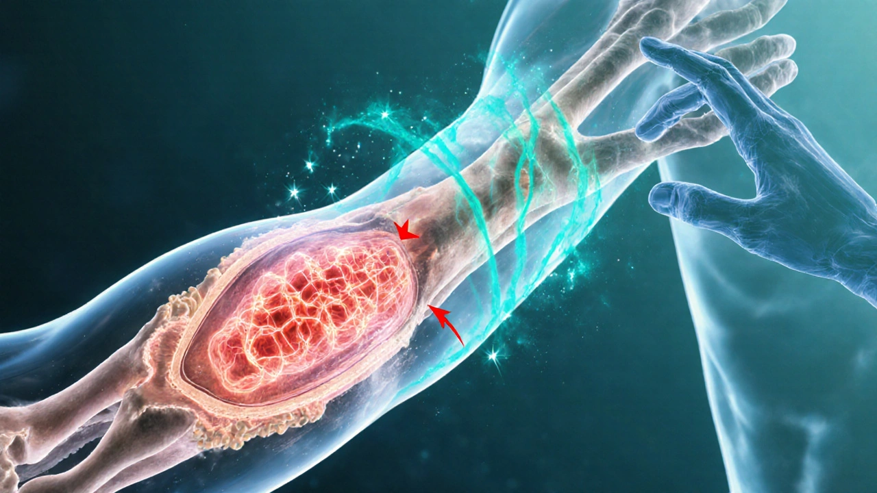 Anatomical cross‑section showing tendon adhesions being gently released by pressure waves.