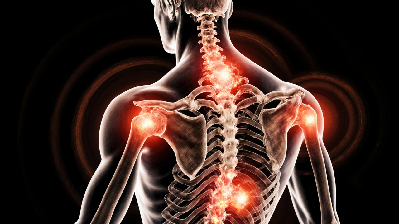 Anatomical illustration showing hidden trigger points glowing in the muscles of the back and hips.