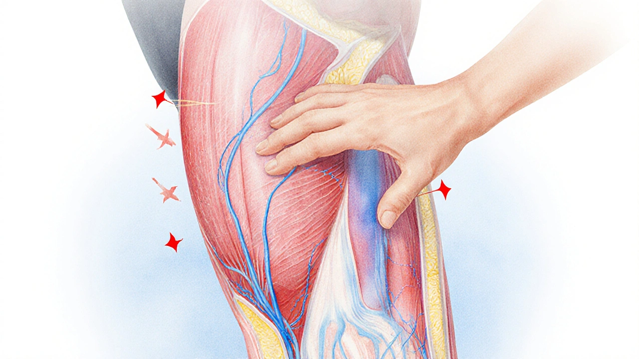 Anatomical view of thigh muscle with hand performing myofascial release, showing blood and lymph flow.