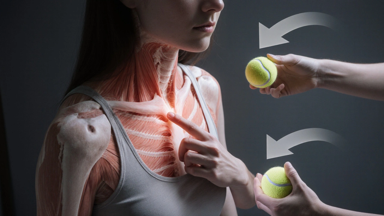 Hand applying pressure to a tight knot under the collarbone with referred pain pathways indicated.