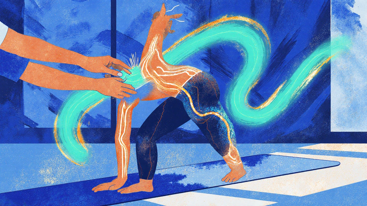 Illustration of a yoga flow with needles and glowing energy lines along the body.