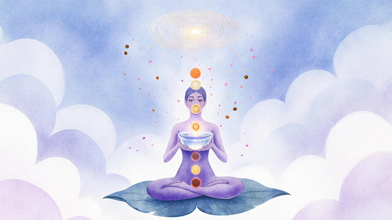 Lotus‑posing figure surrounded by glowing chakras and a luminous sacral bowl, evoking inner peace.