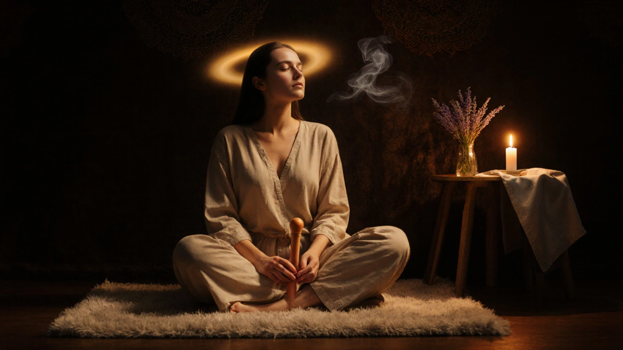 Person seated in a candlelit space gently holding a silicone wand during a massage ritual.