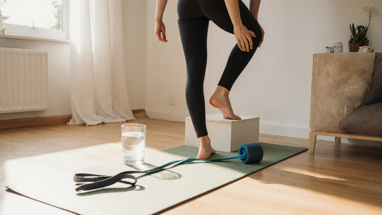 Person stretching Achilles at home with water bottle and foam roller nearby.