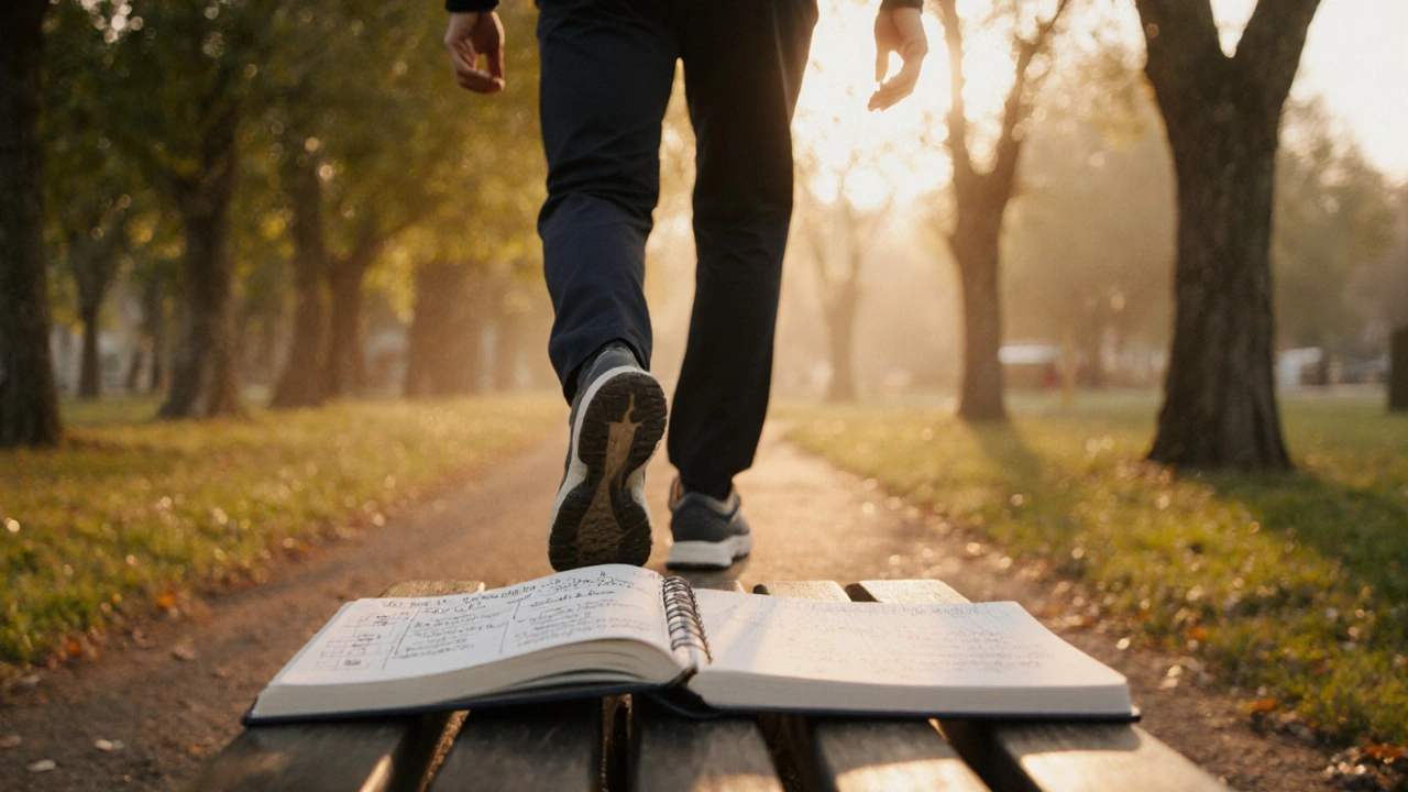 Person walking confidently in a park after successful tendon release therapy.