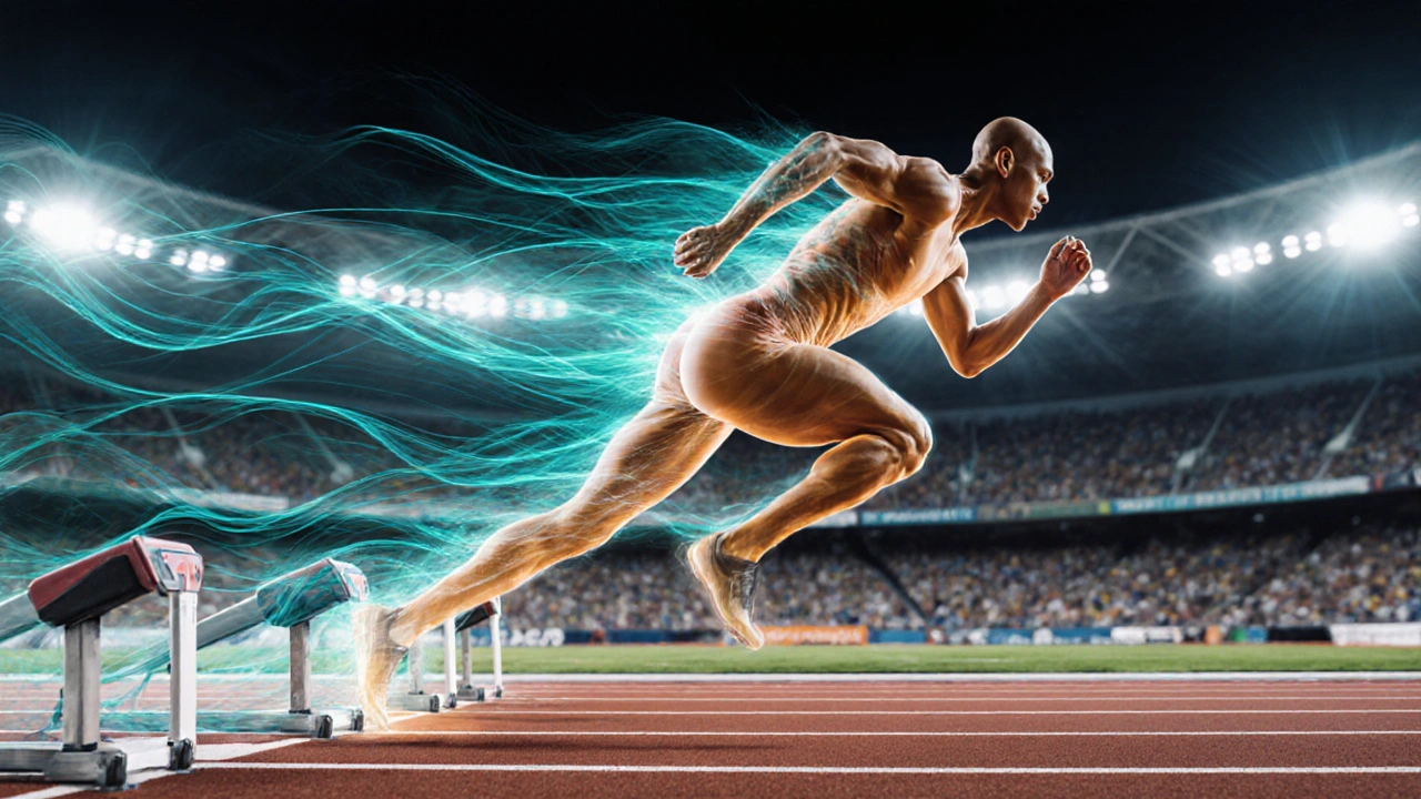 Sprinter exploding from starting blocks, surrounded by glowing lines representing performance boost.
