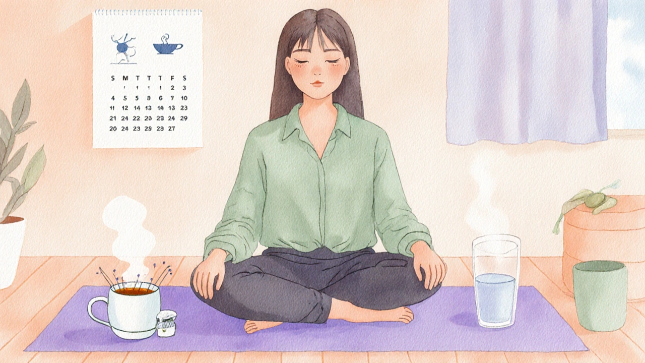 Watercolor of a relaxed person on a mat beside a small acupuncture kit after a session.