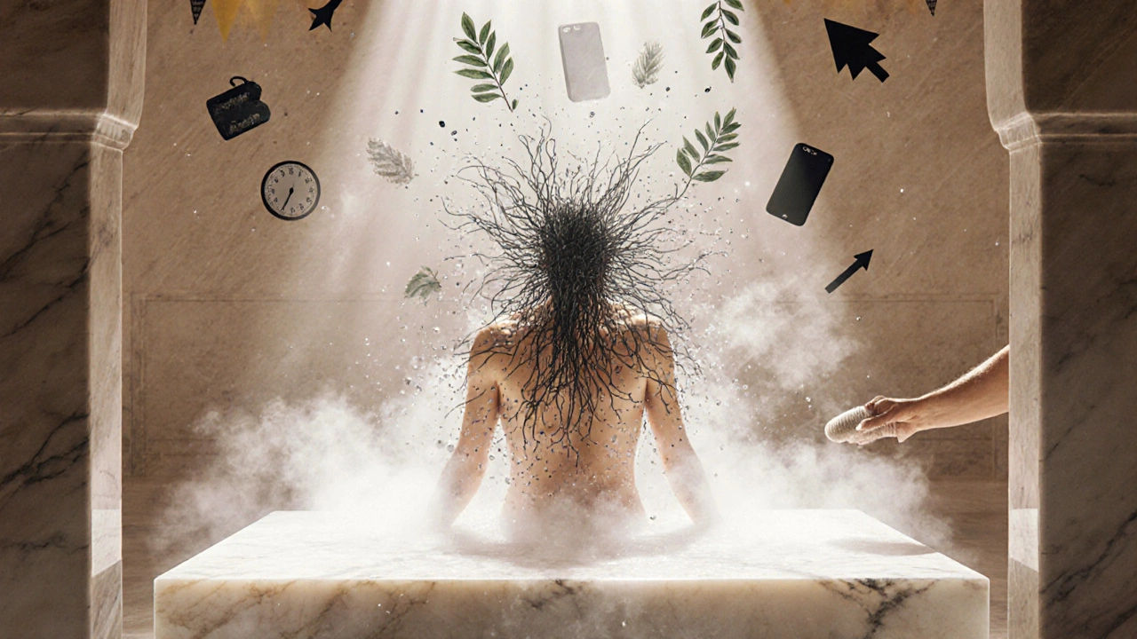 A figure dissolving into steam as stress fades away, surrounded by floating symbols of modern life in a serene hammam.