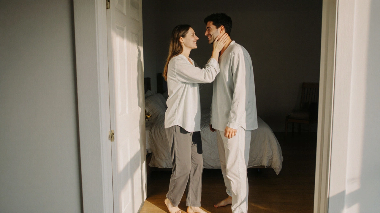 A fleeting moment of connection as one partner brushes fingers along the other&#039;s neck in a doorway.