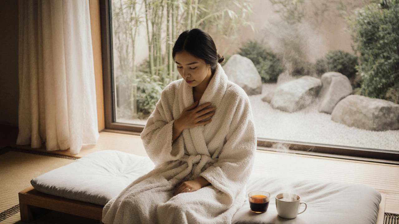 A person wrapped in a white robe, sitting quietly after a massage, sipping tea as steam rises in a peaceful spa setting.