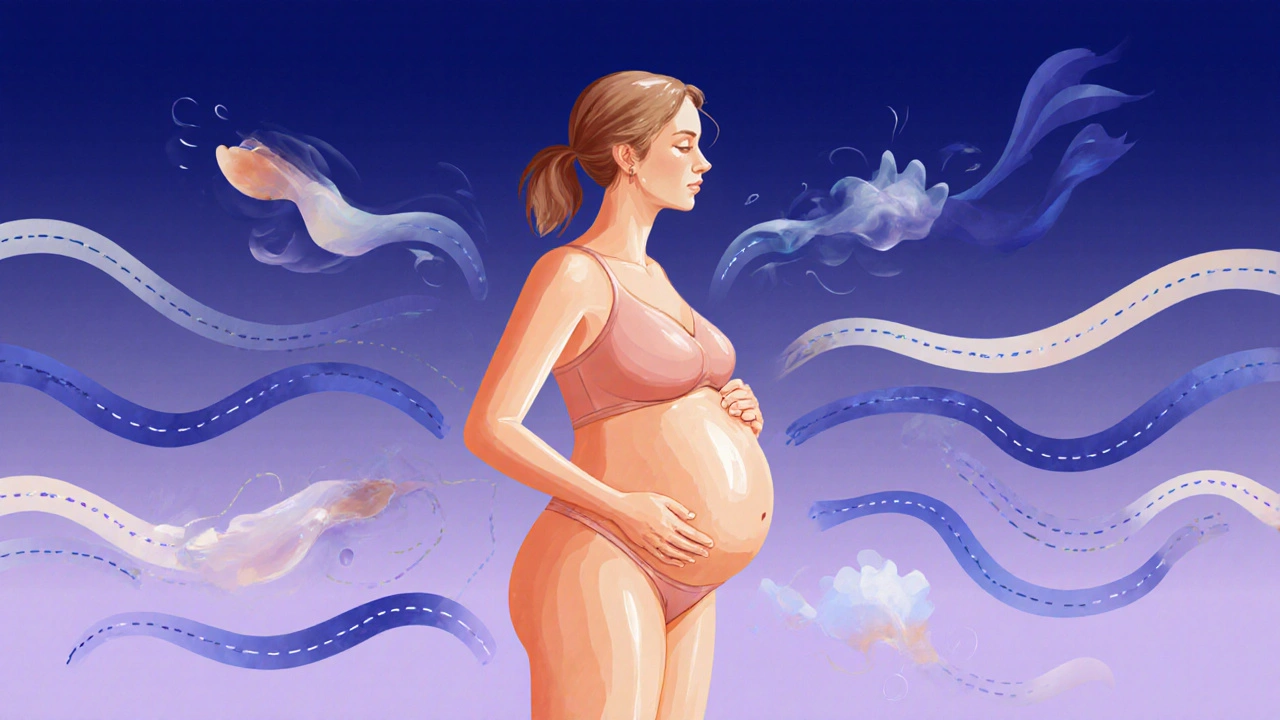 Abstract representation of reduced pregnancy discomforts like swelling and tension, with calming color transitions.