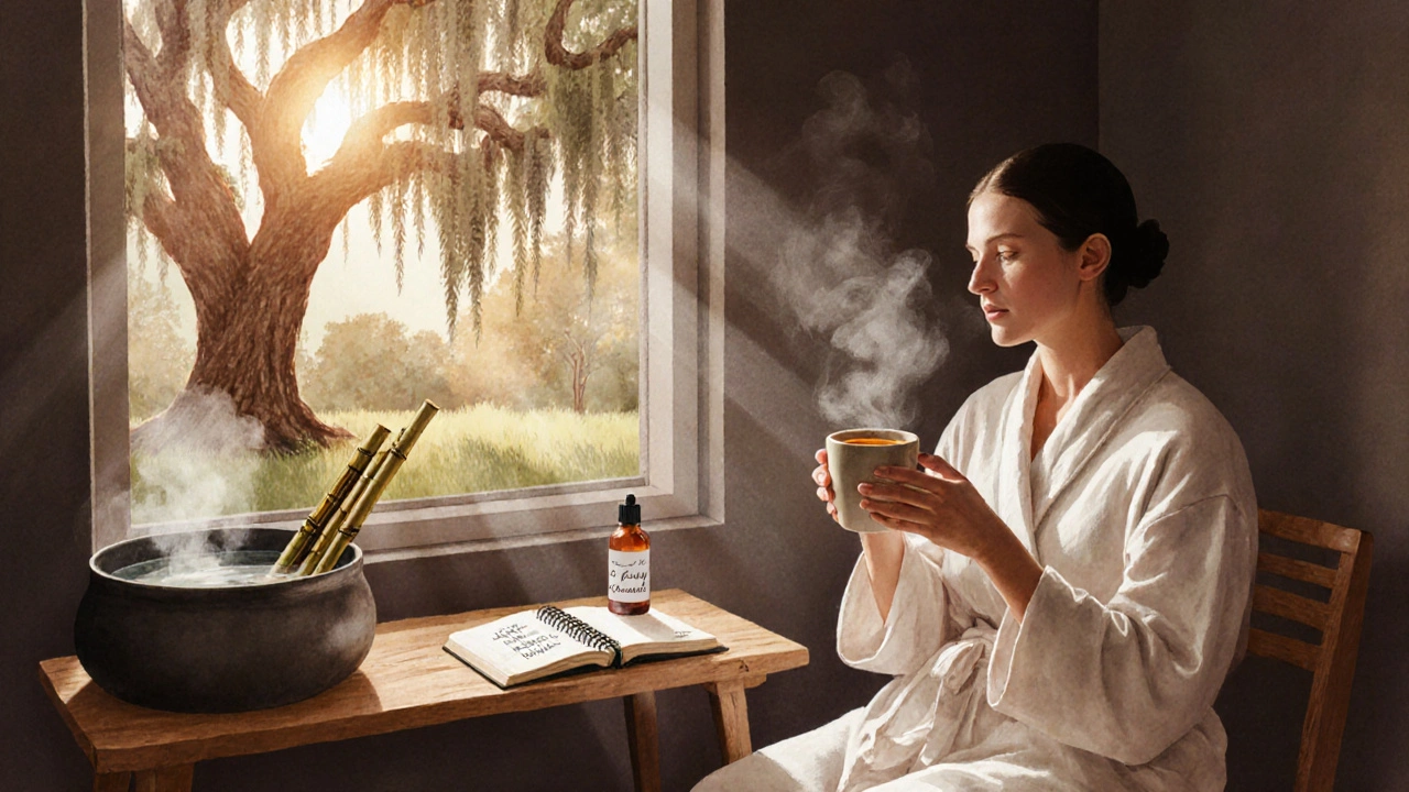Client relaxing in a robe, sipping tea after a bamboo massage, surrounded by calming natural elements.