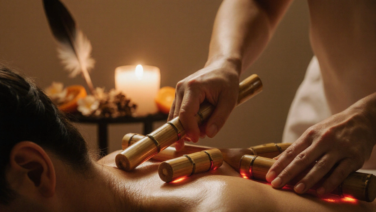 Close-up of heated bamboo rods gliding over oiled skin with rhythmic precision.