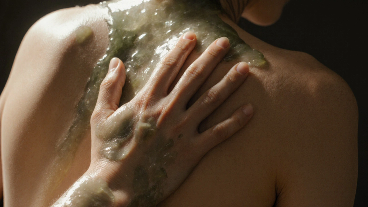 Close-up of skin and forearm coated in shimmering seaweed gel, showing smooth, full-body contact without faces visible.