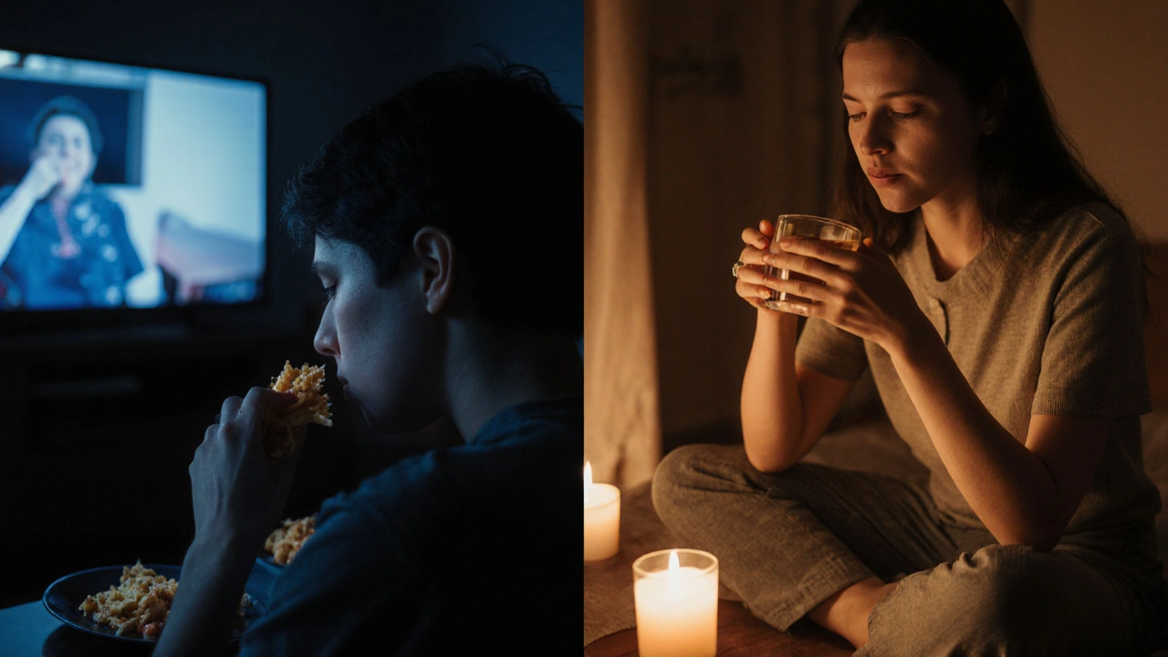Contrasting images of emotional eating at night versus calm tea drinking after Reiki, showing stress relief.