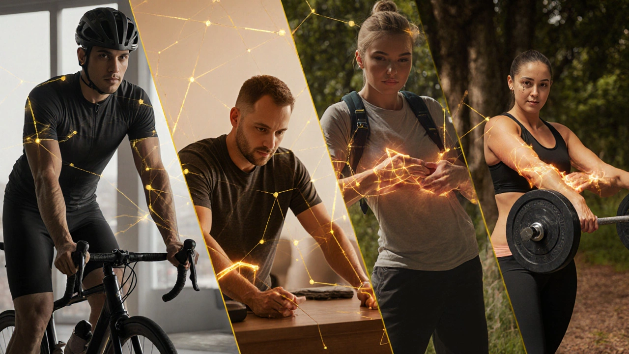 Diverse group of active people receiving sports massage in different settings, connected by glowing lines of recovery.