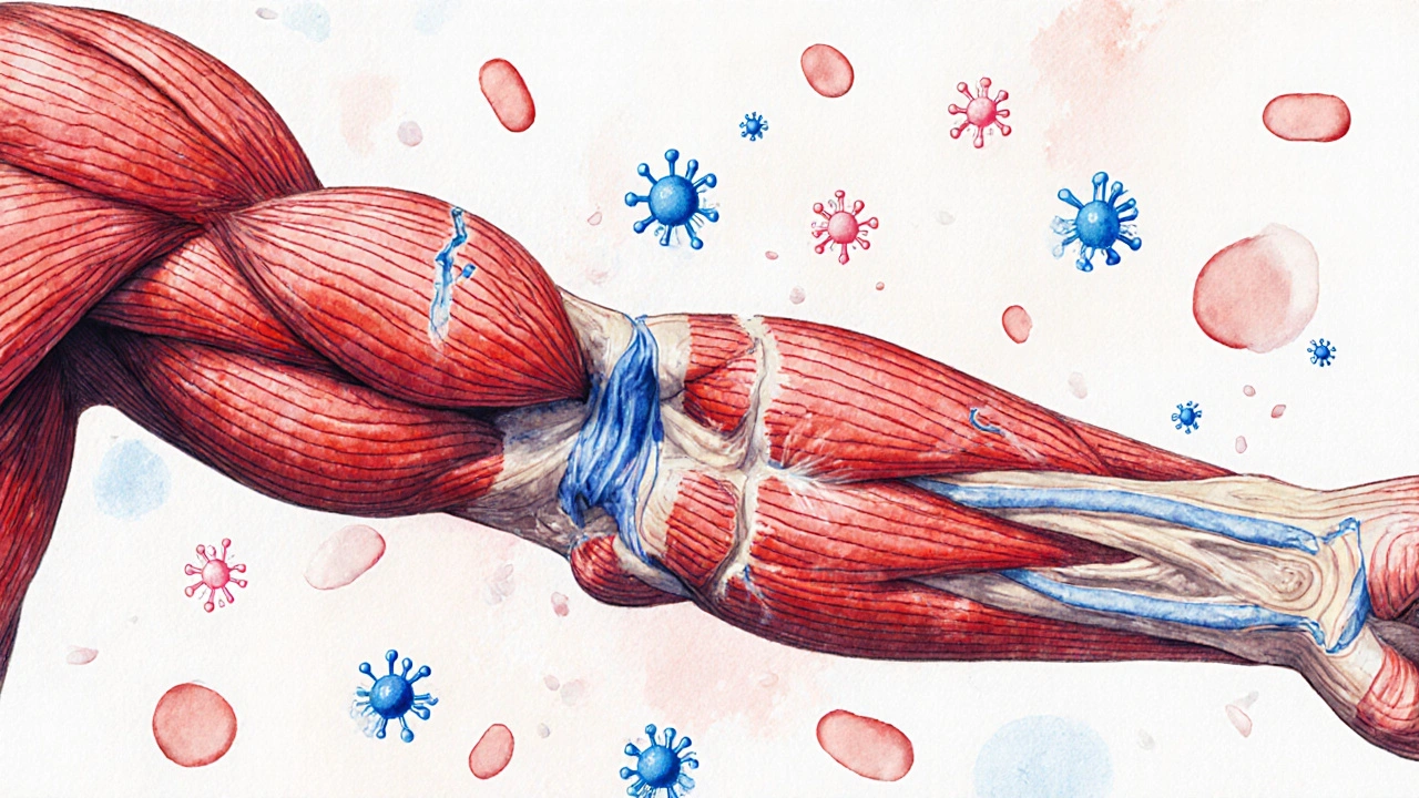Microscopic view of muscle fibers with adhesions being released, showing blood flow and waste removal.