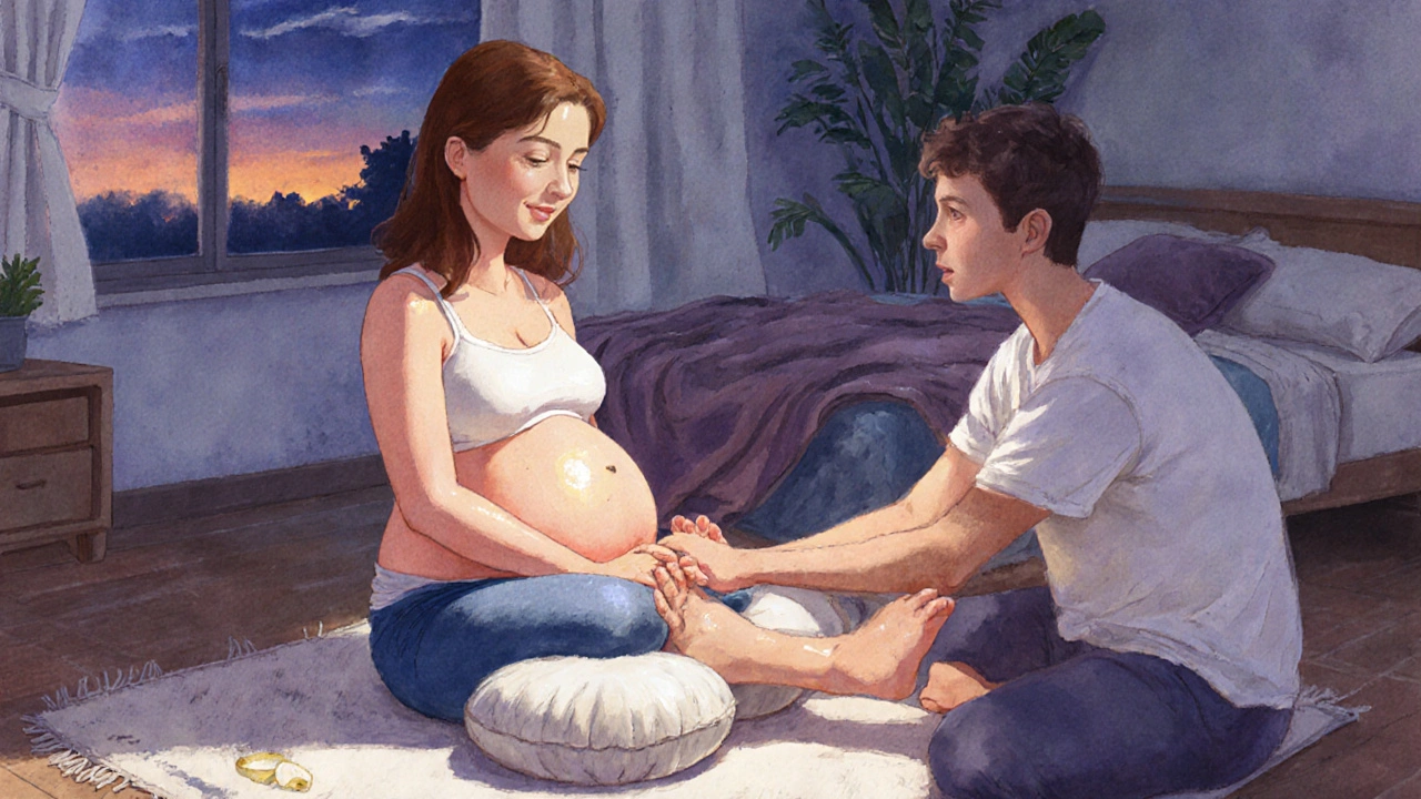 Partner giving a soothing foot and hand massage to a pregnant woman at home, surrounded by calm surroundings.