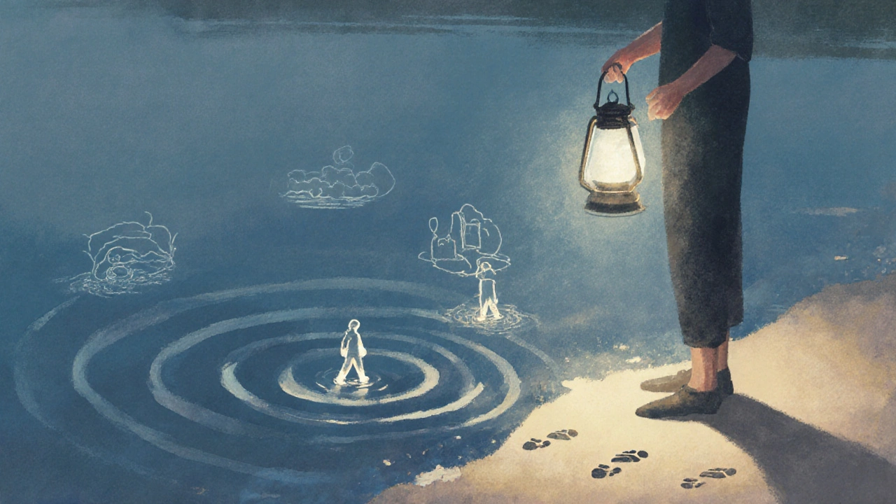 Symbolic figure by a lake, lantern dissolving stress molecules, healthy habits glowing as footprints along the shore.