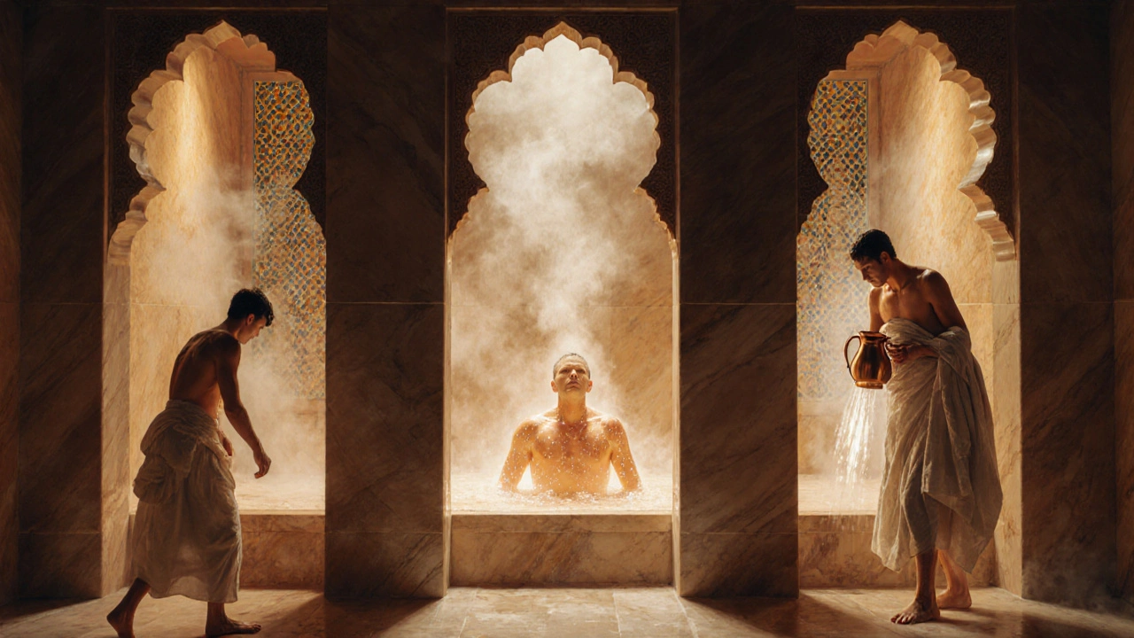 Three-panel artistic depiction of a hammam journey: warm, hot, and rinse stages, with glowing marble and traditional tile patterns.