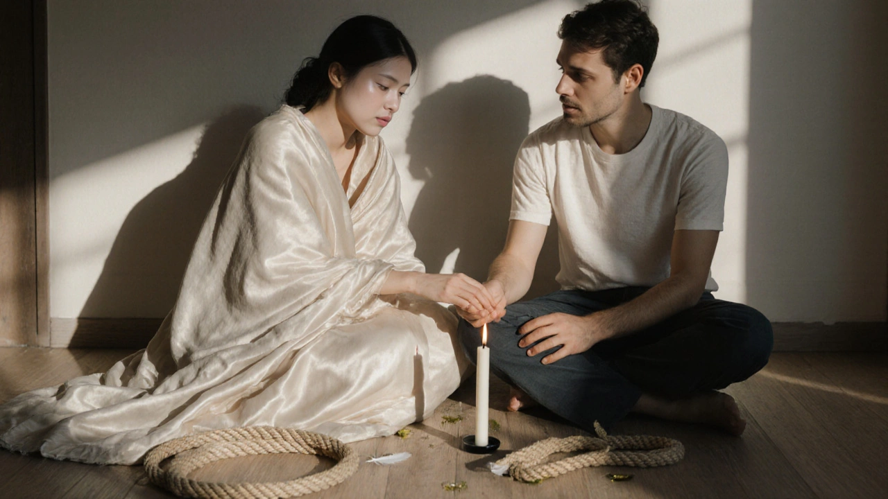 Two people in quiet aftercare, one wrapped in a blanket, holding hands beside a flickering candle.