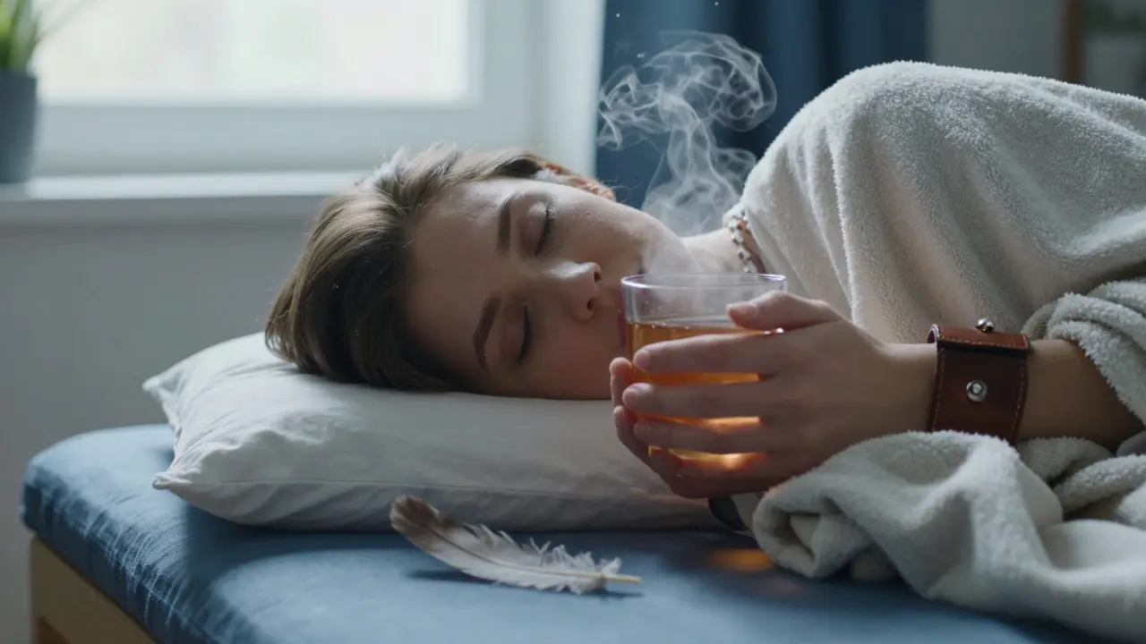 A person resting after a session, wrapped in a blanket with tea, surrounded by quiet aftercare elements.