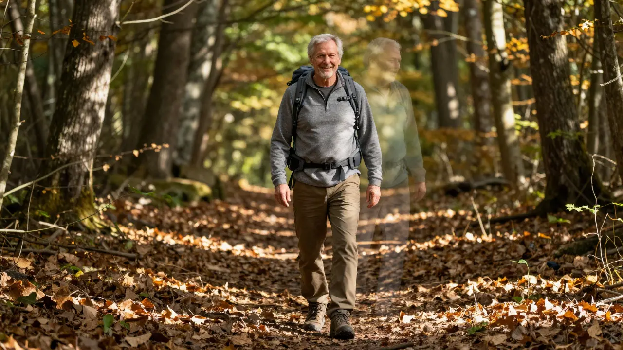 Elderly man hiking with confident posture, symbolizing lasting transformation from Hellerwork.