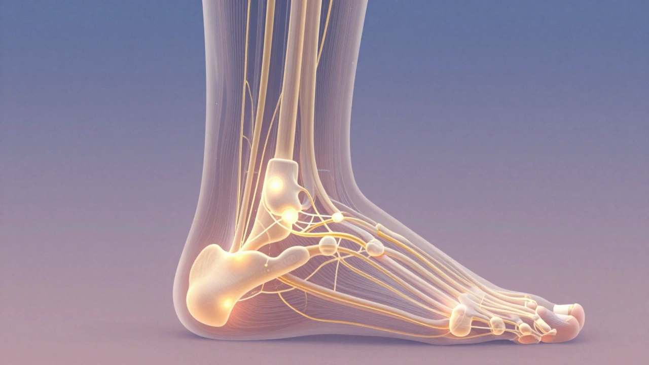 Illustration of a foot with glowing neural connections to body organs like lungs, spine, and head.