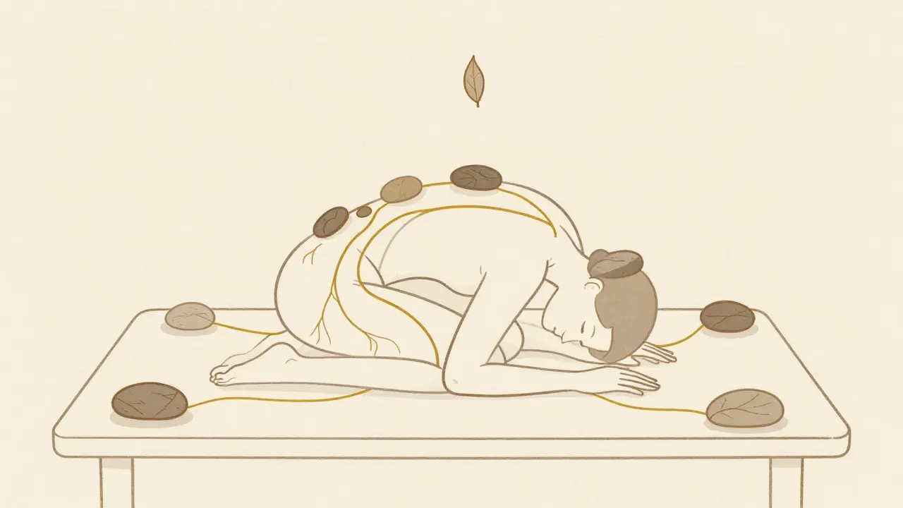 Minimalist line art of a figure with stones aligned along the body, connected by flowing lines symbolizing relaxation and balance.