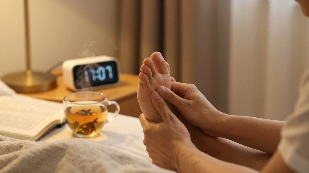 Person doing self-reflexology on their foot at night, with tea and clock visible in a peaceful bedroom.