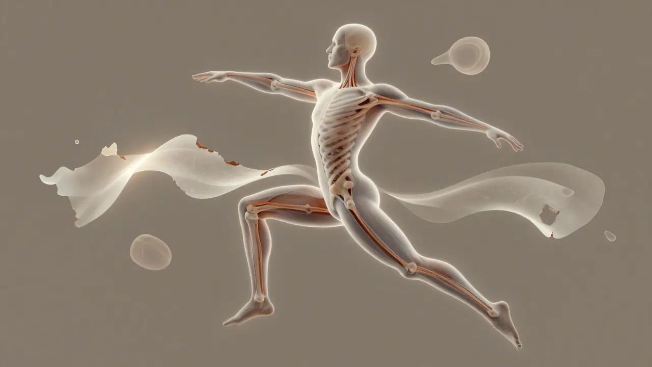 Translucent fascia layers releasing from a human body to reveal aligned skeletal structure.