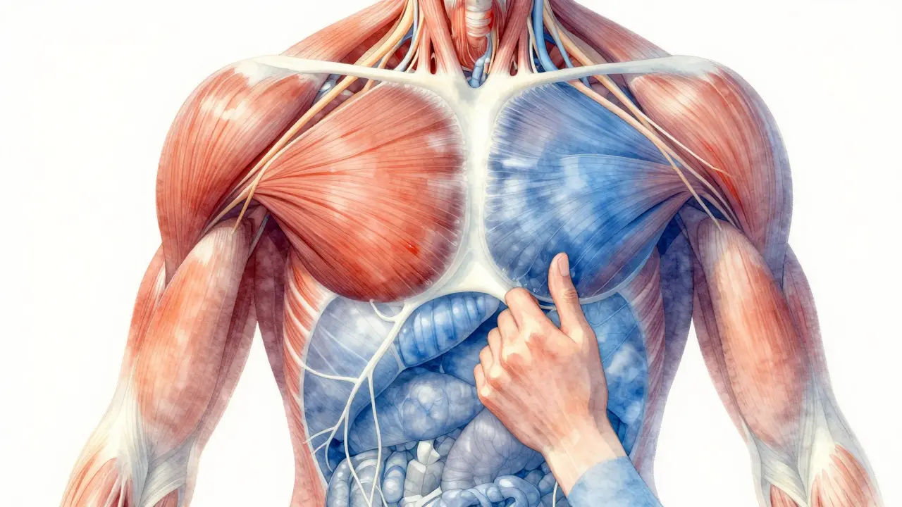 Translucent fascial web wrapping around muscles and organs, showing tension releasing into smooth flow.