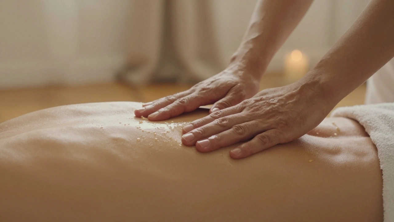 Two hands applying slow, soothing strokes to a back with warm oil.