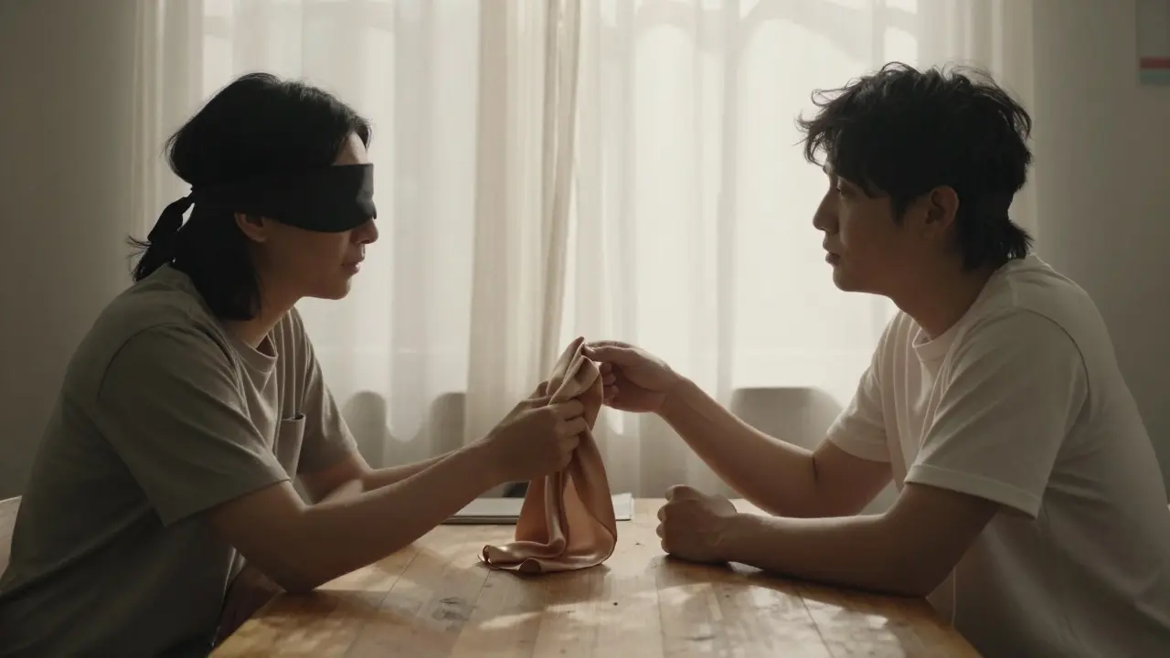 Two people calmly negotiating boundaries before a BDSM massage session, seated at a wooden table.