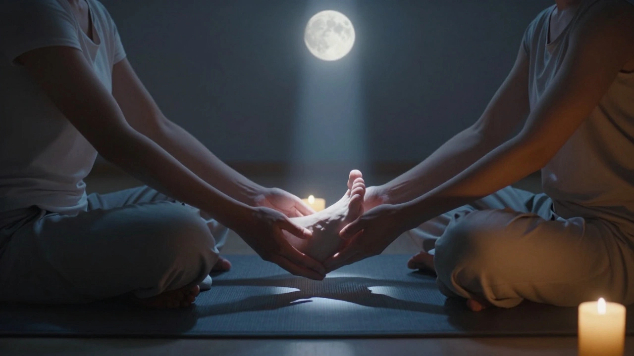Two people in quiet sync, one holding the other&#039;s foot in moonlight.