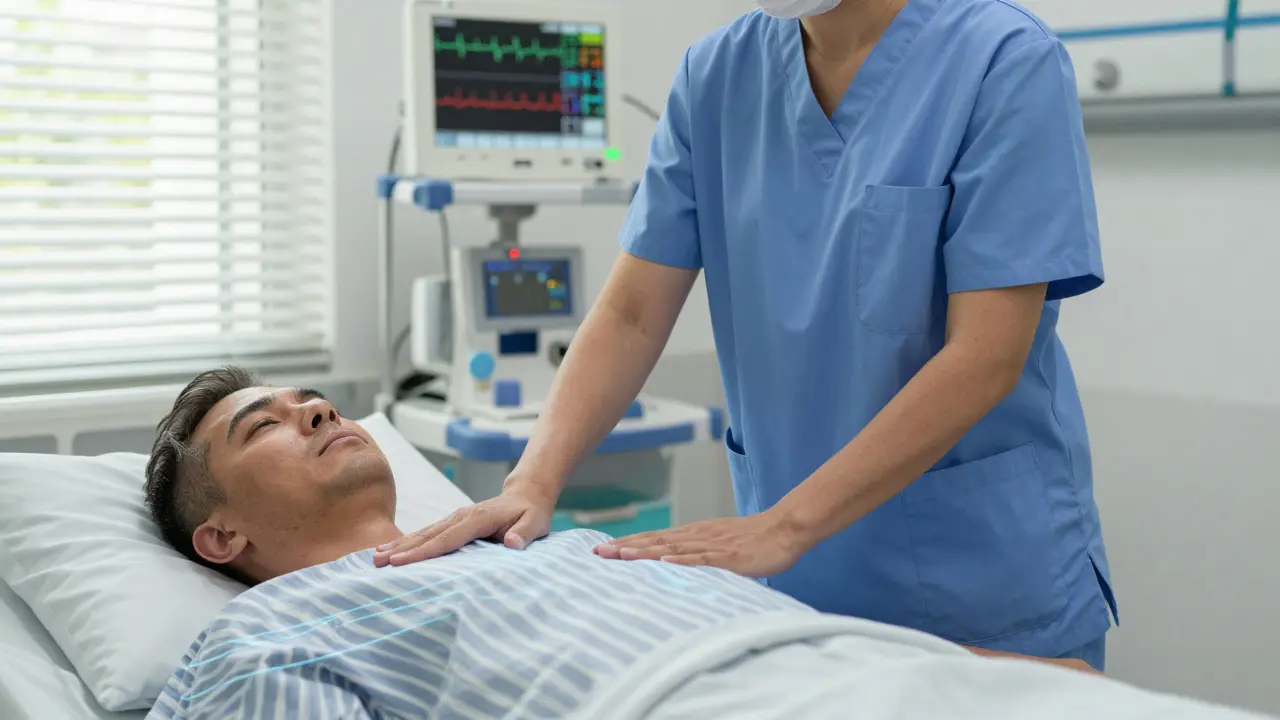 A nurse performing Healing Touch on a hospital patient with subtle energy lines and medical equipment in the background.