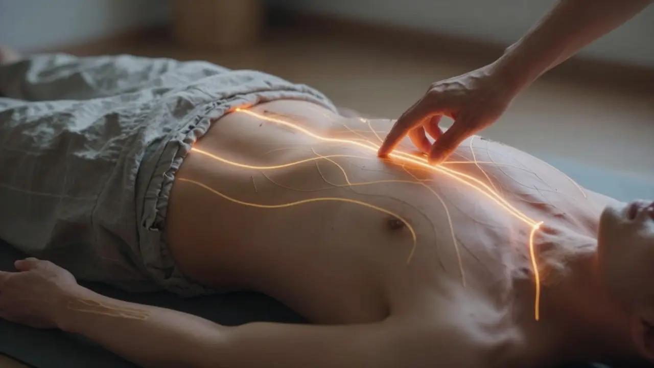 Abstract golden energy lines glowing along a clothed human body as hands press steadily at key points, suggesting meridian flow.