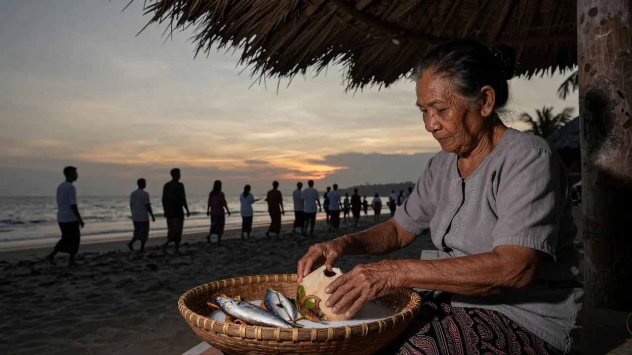 An elderly woman sits under a thatched roof, holding a basket of offerings as villagers walk silently along the shore at dusk.