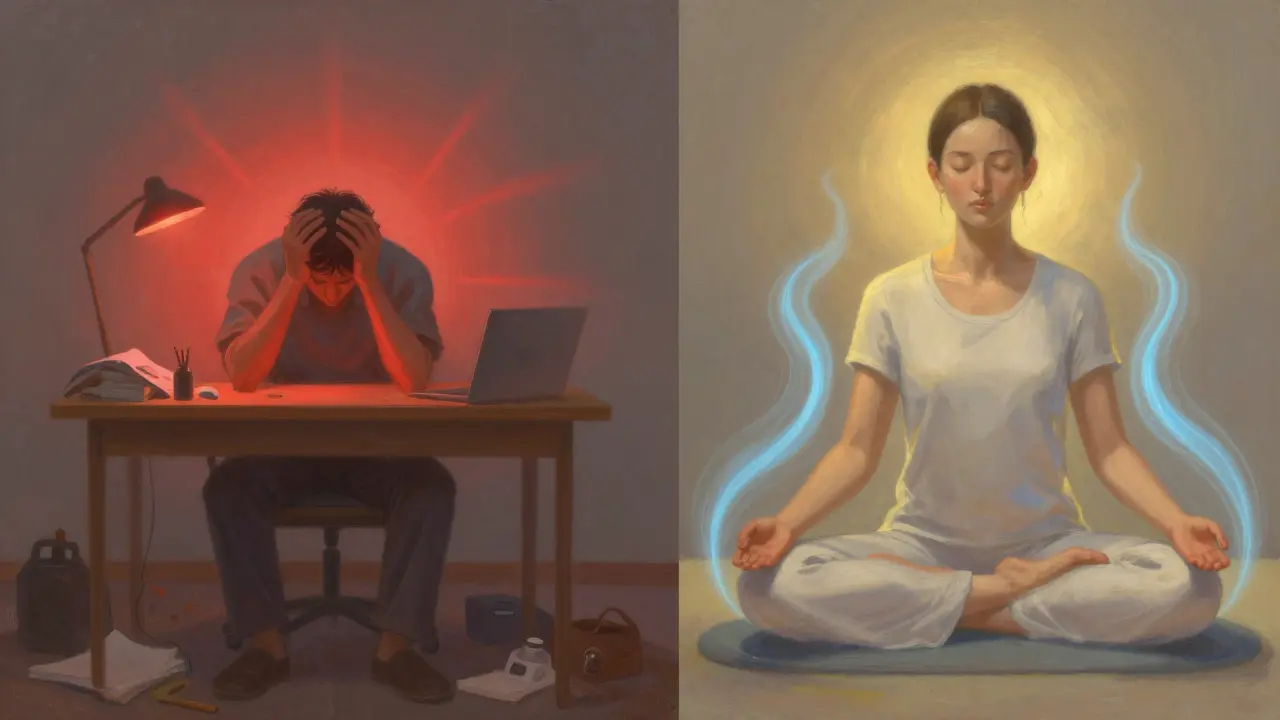 Before and after contrast: one side shows stress and tension, the other shows calm and balanced energy flow after shiatsu.