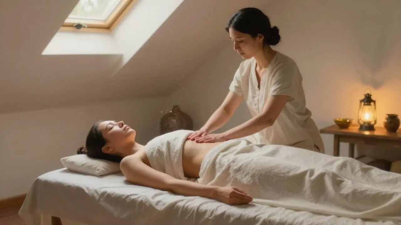 Client lying peacefully under a draped sheet in a cozy attic studio, therapist breathing in sync nearby, lantern light casting golden glow.