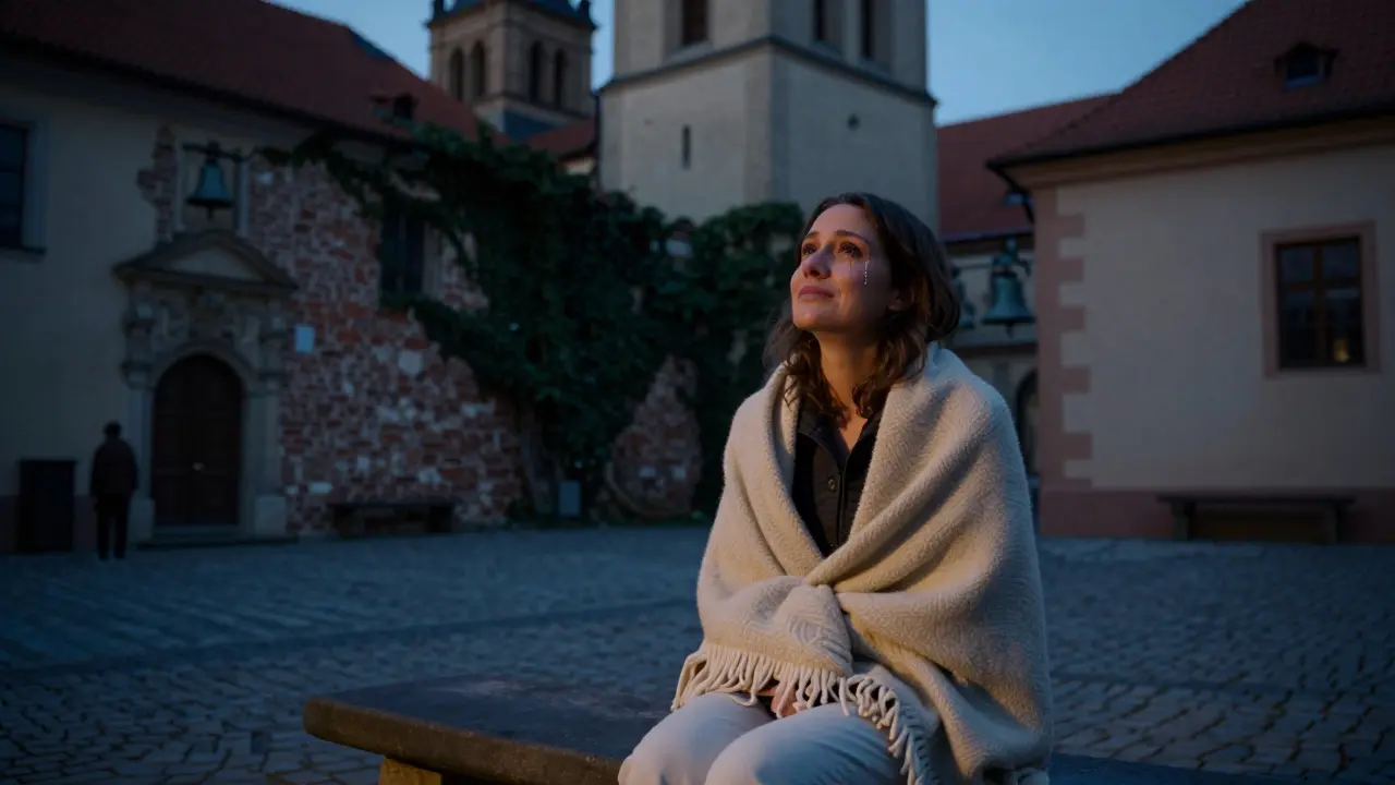 Client sitting alone on a stone bench at dusk in Prague, wrapped in a blanket, tear-streaked but serene, ivy-covered walls behind.