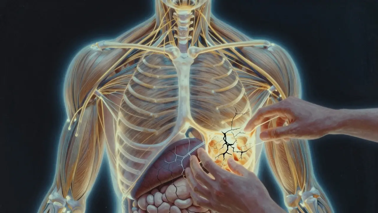 Glowing fascial network in the human body being unwound like tangled threads, illustrating connective tissue release.