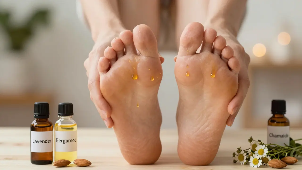 Hands massaging feet with essential oil blend, surrounded by vials of lavender, bergamot, and chamomile.