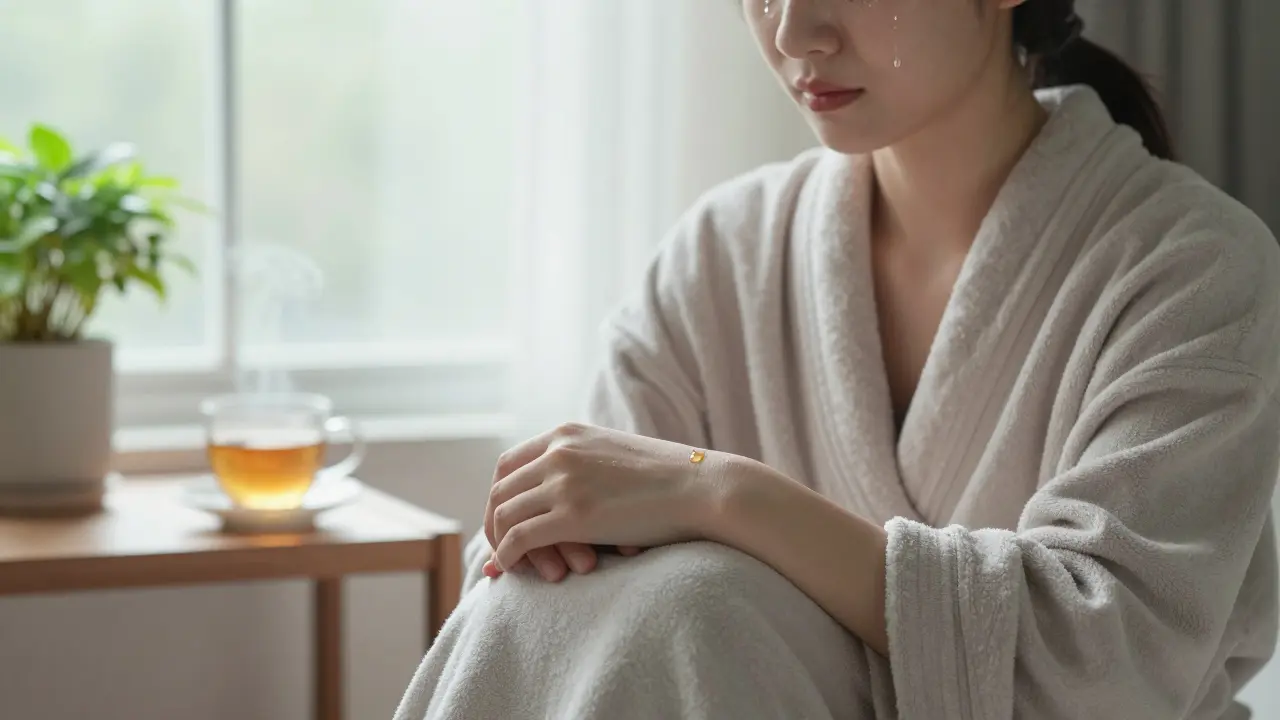 Person wrapped in a robe, crying softly in morning light after a healing session.