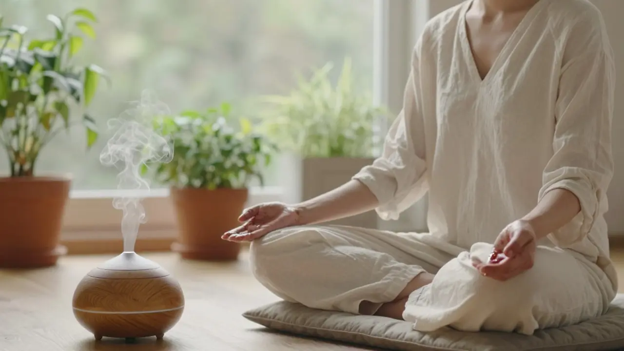 Someone breathing deeply in quiet meditation as essential oil mist rises near them at home.