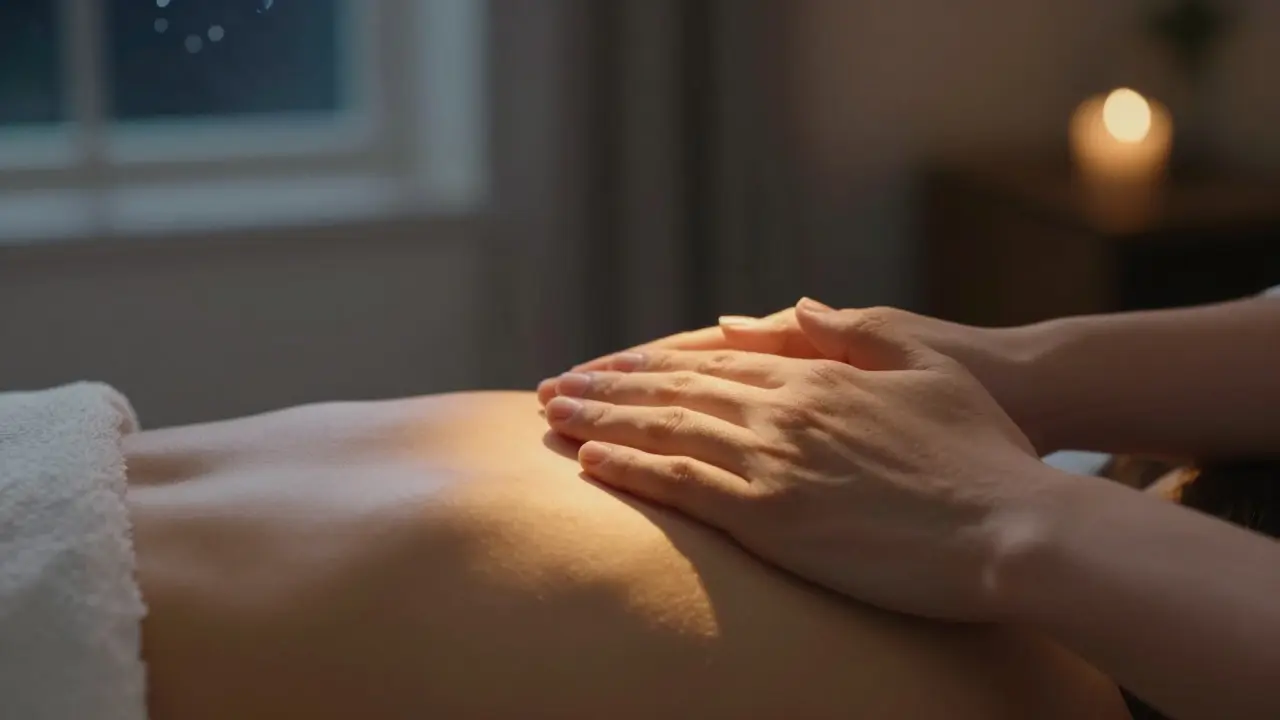 Two hands resting gently over a heart, emitting a warm glow in a quiet nighttime setting.