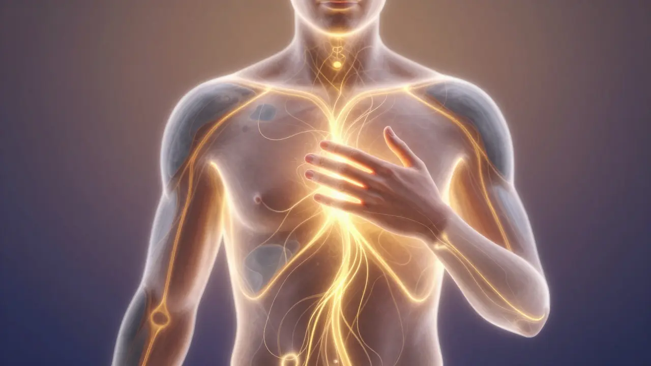 A glowing human energy field with blocked areas dissolving into light under a healing hand, in abstract form.