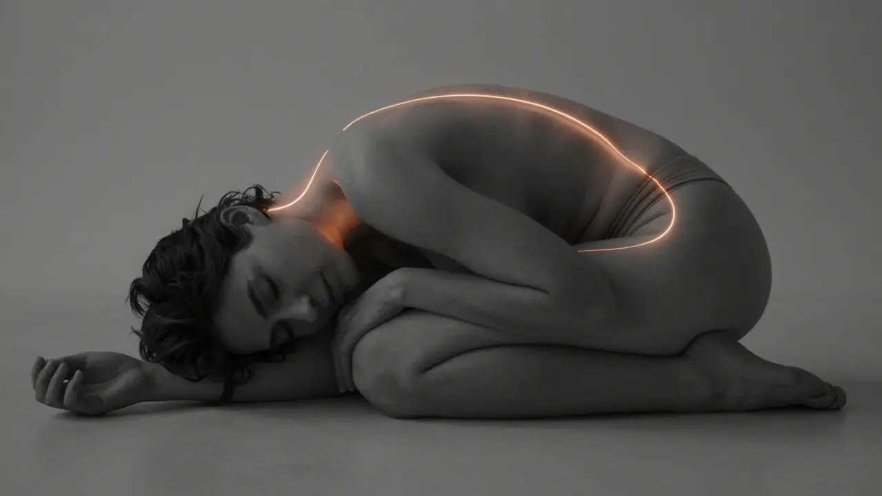 A person in meditation, surrounded by faint glowing trails of light tracing self-touch along their body.